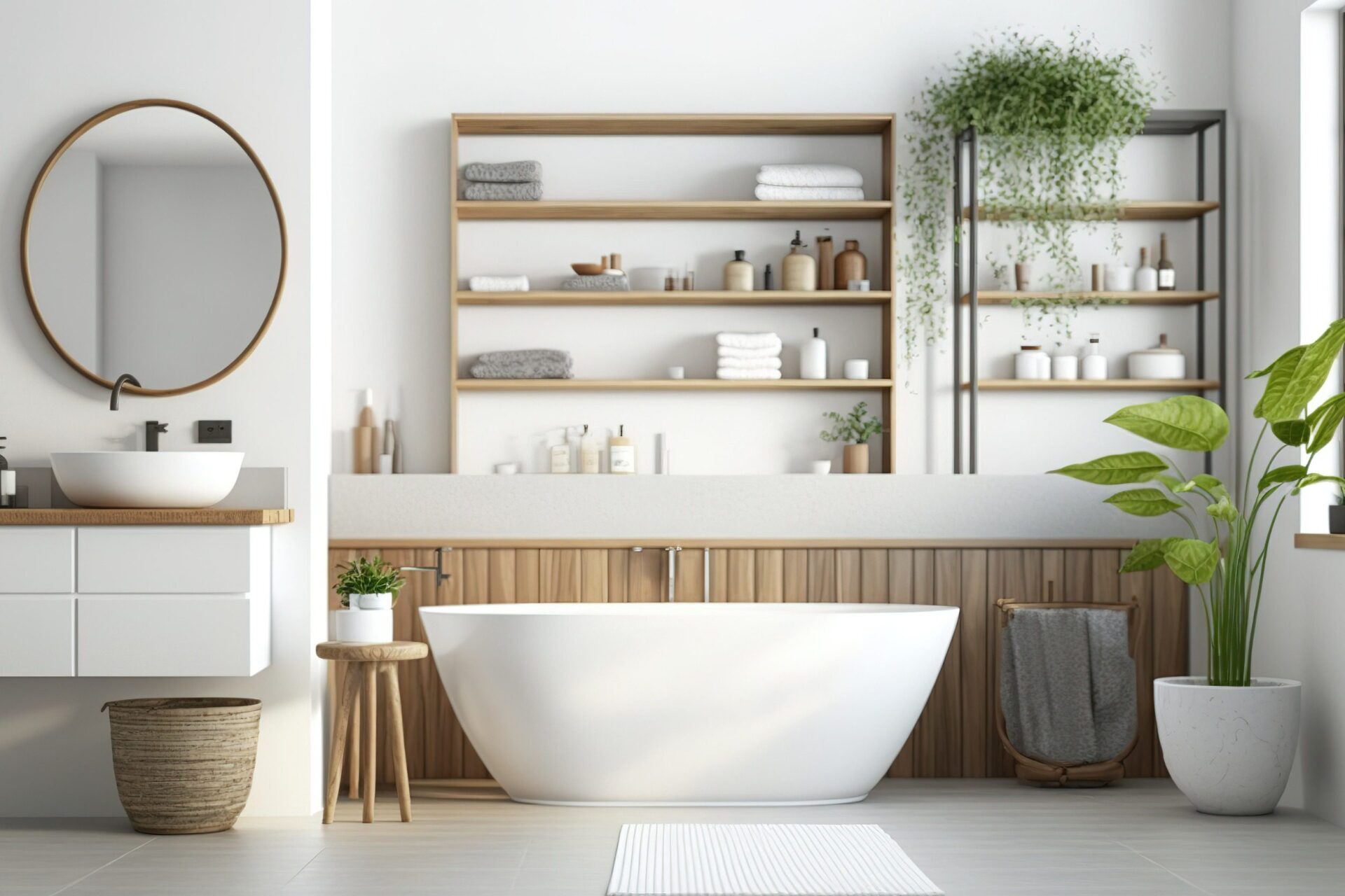 Bathroom interior in white and wood Bathroom interior in white and wood