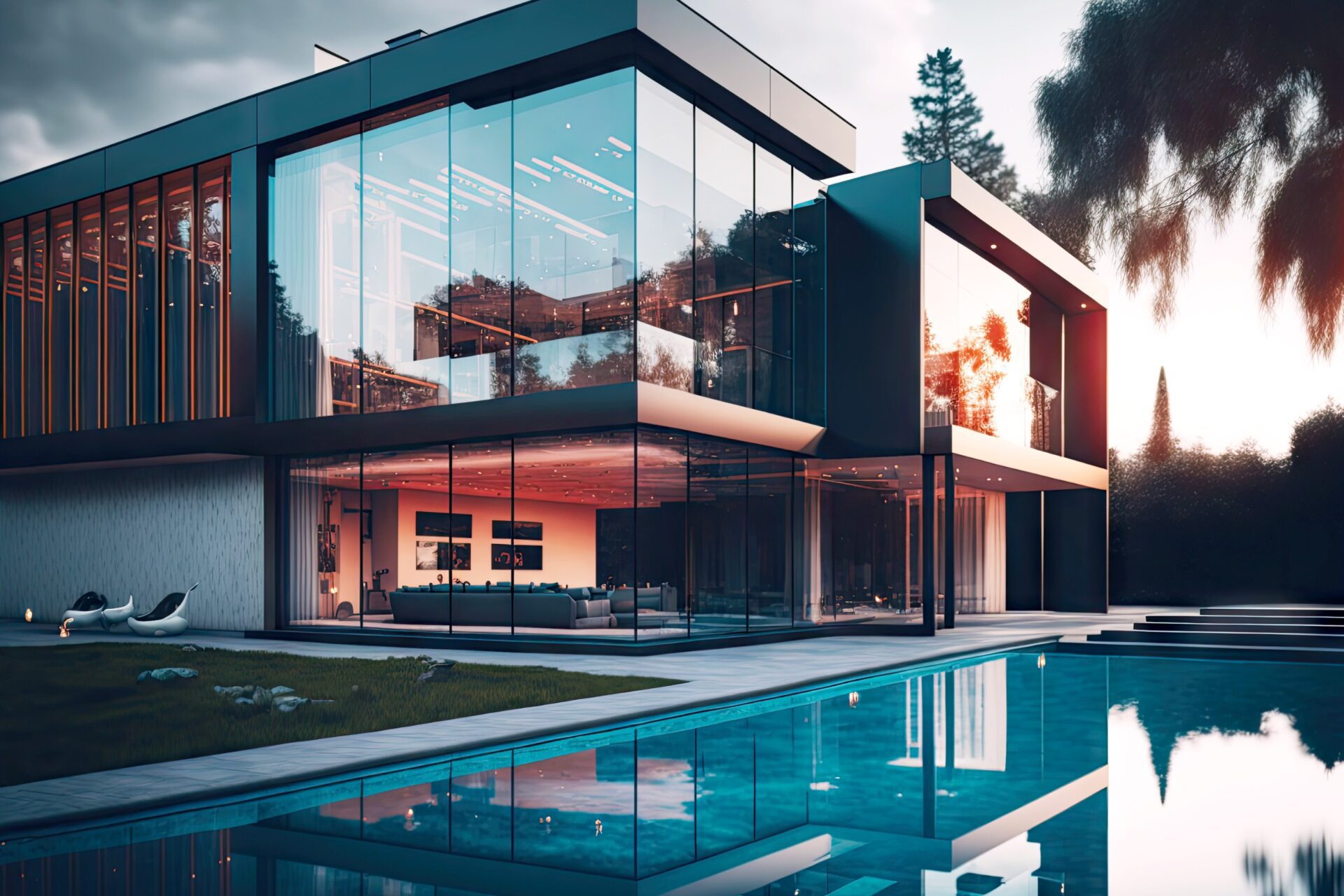 luxurious expensive mansion in form of modern house with glass walls and swimming pool luxurious expensive mansion in form of modern house with glass walls and swimming pool
